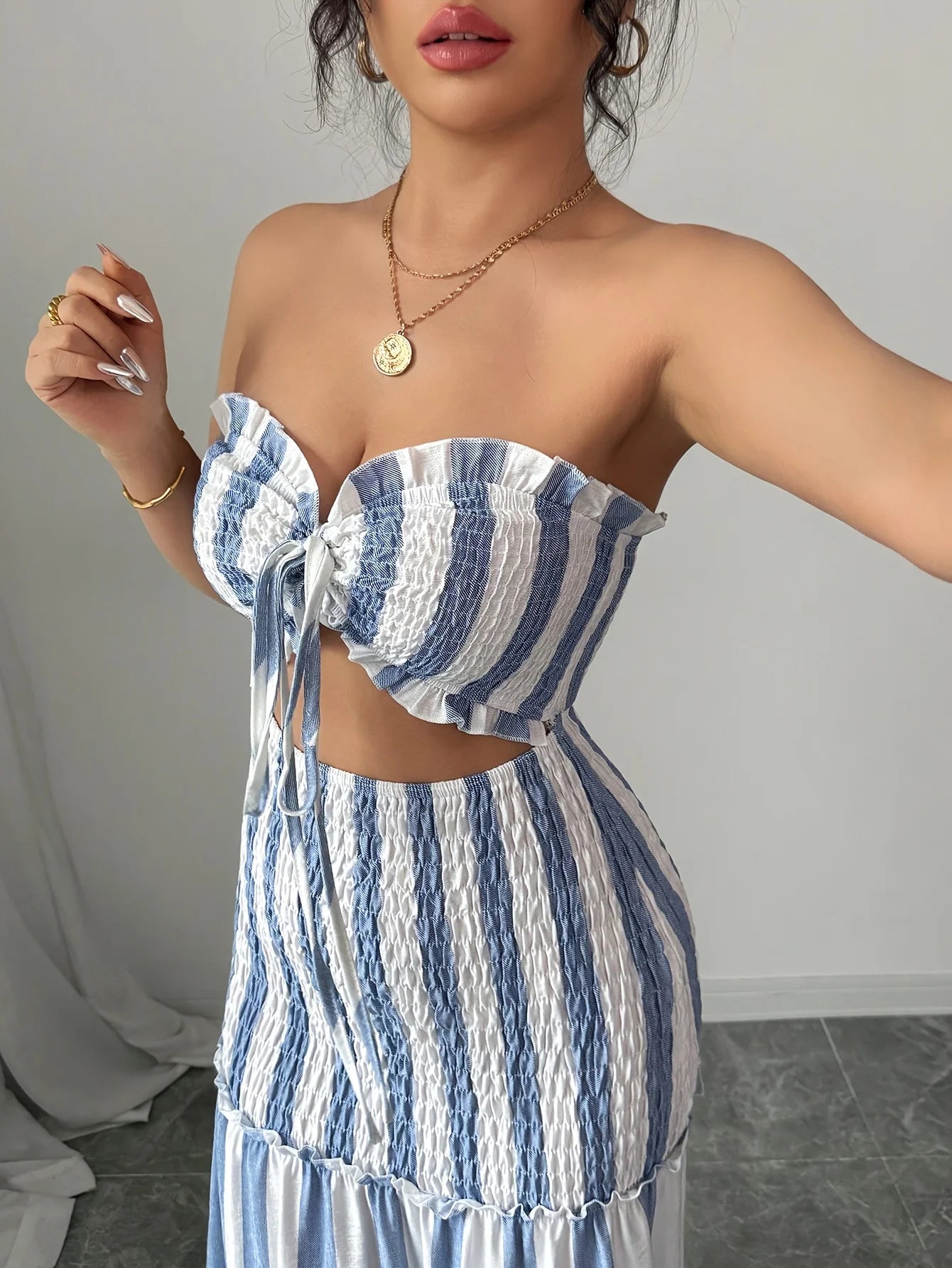 Fashionable Striped Off-Shoulder Dress Women'S Front-Braided Gathered Skirt Elegant Gown for Ladies