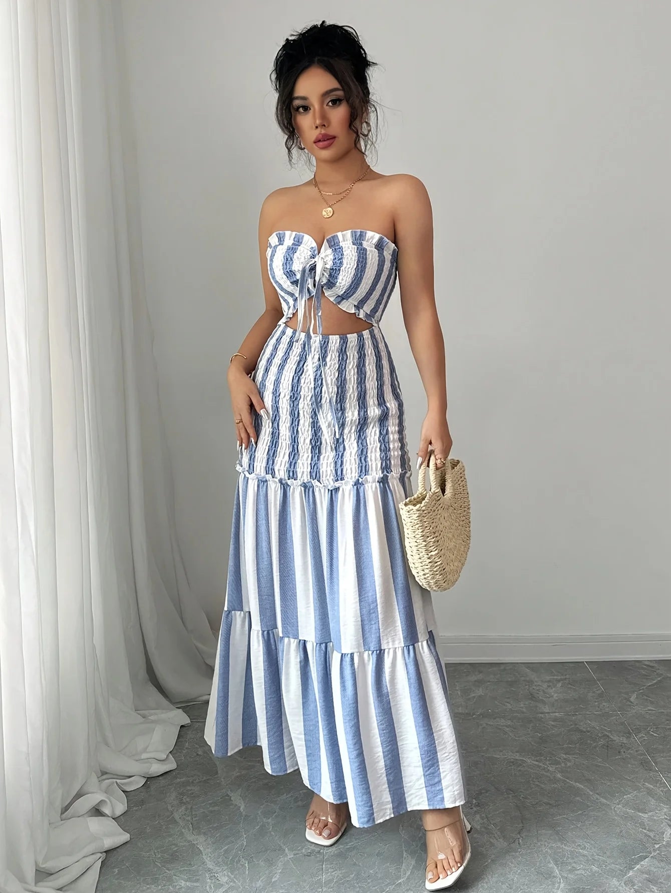 Fashionable Striped Off-Shoulder Dress Women'S Front-Braided Gathered Skirt Elegant Gown for Ladies