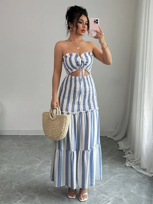 Fashionable Striped Off-Shoulder Dress Women'S Front-Braided Gathered Skirt Elegant Gown for Ladies