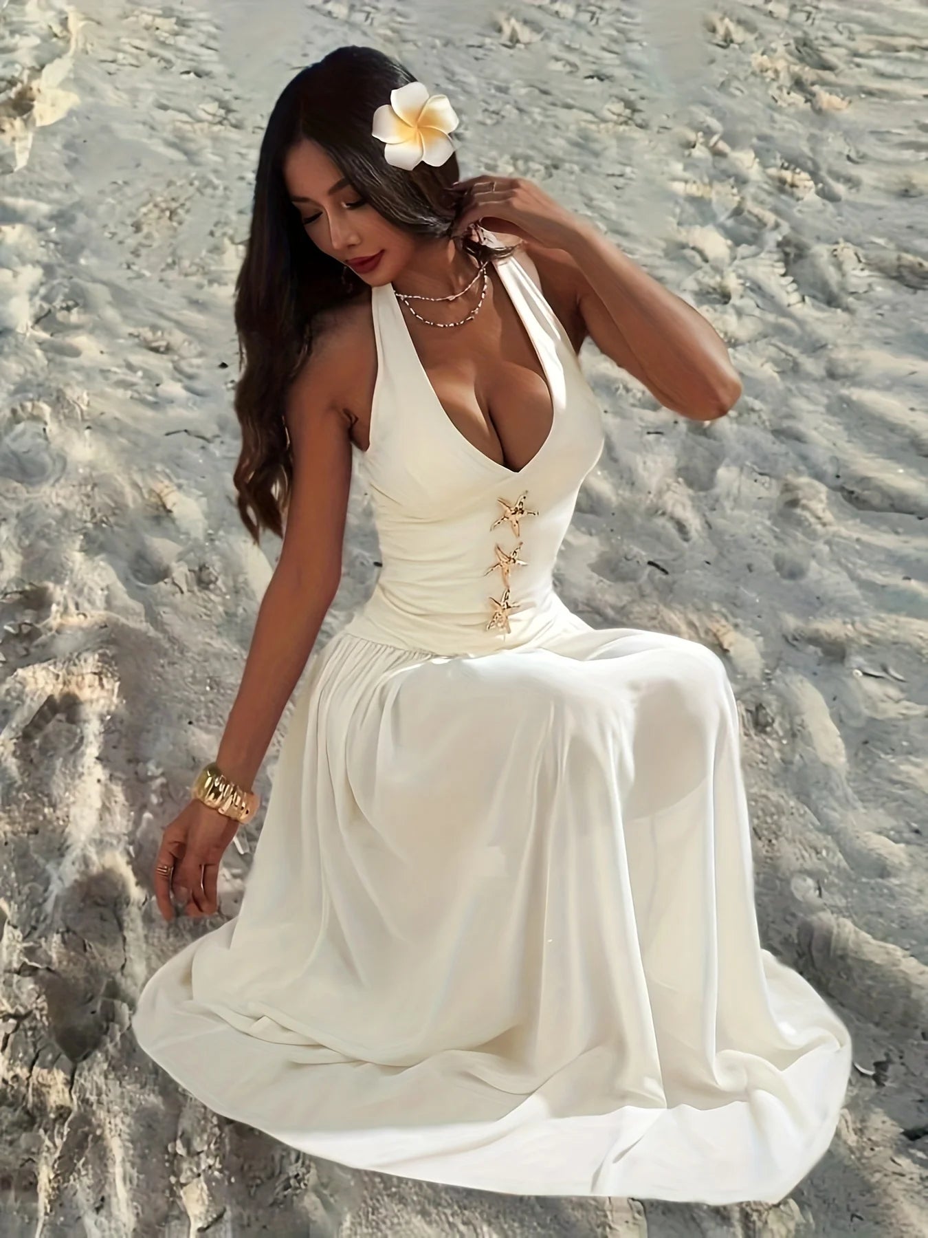 Ladies Summer Beach Vacation Dip-Neck Sleeveless Dress with Star Pattern Commute/Elegant/Sexy Casual Women'S Fashion Dress