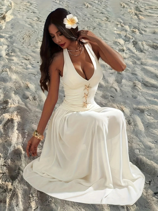 Ladies Summer Beach Vacation Dip-Neck Sleeveless Dress with Star Pattern Commute/Elegant/Sexy Casual Women'S Fashion Dress