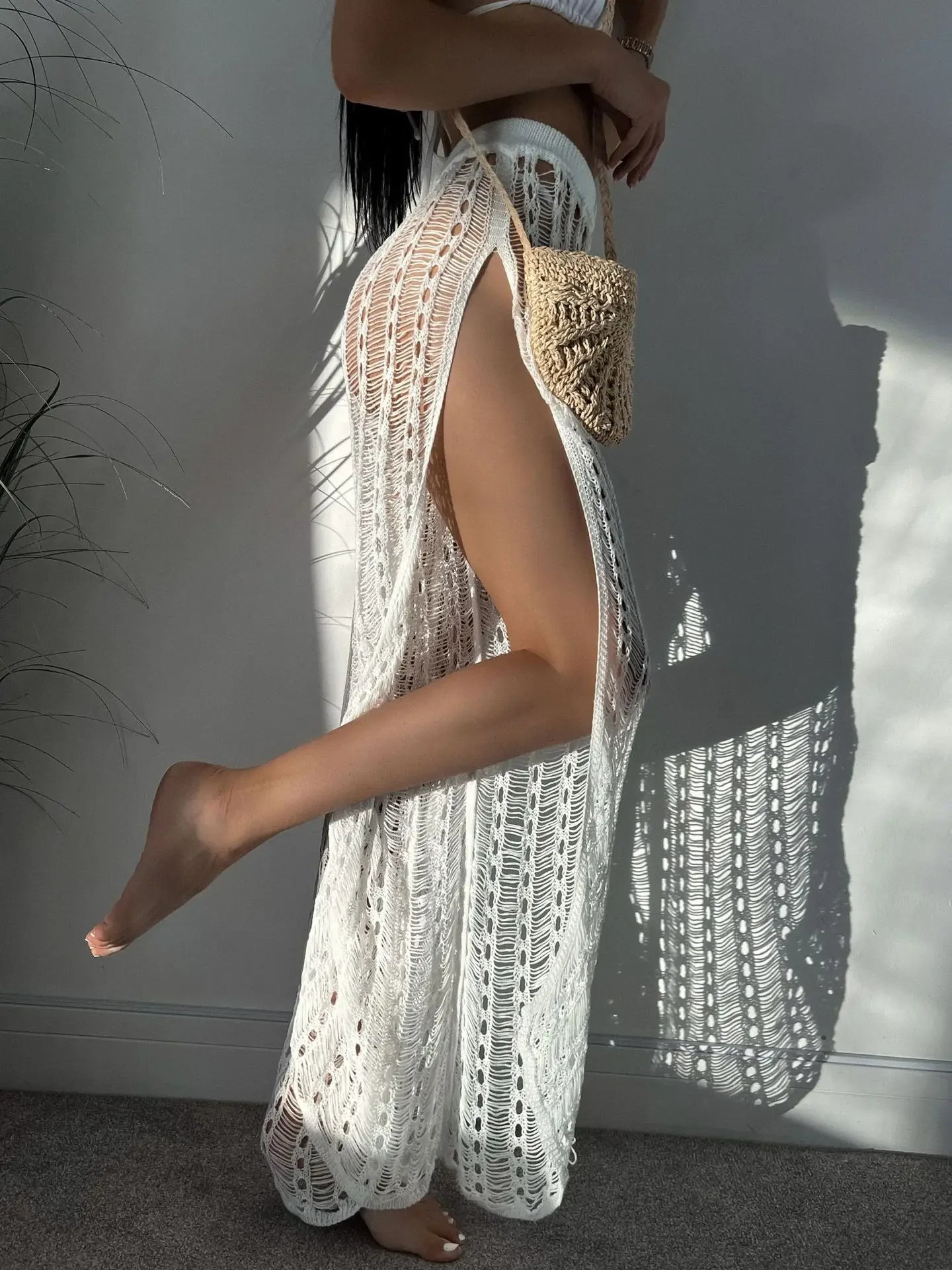 Sexy Perspective Mesh Hollow Out High Split Knitted Trousers Vacation Outfits Beach Wear Pants for Women Solid Color