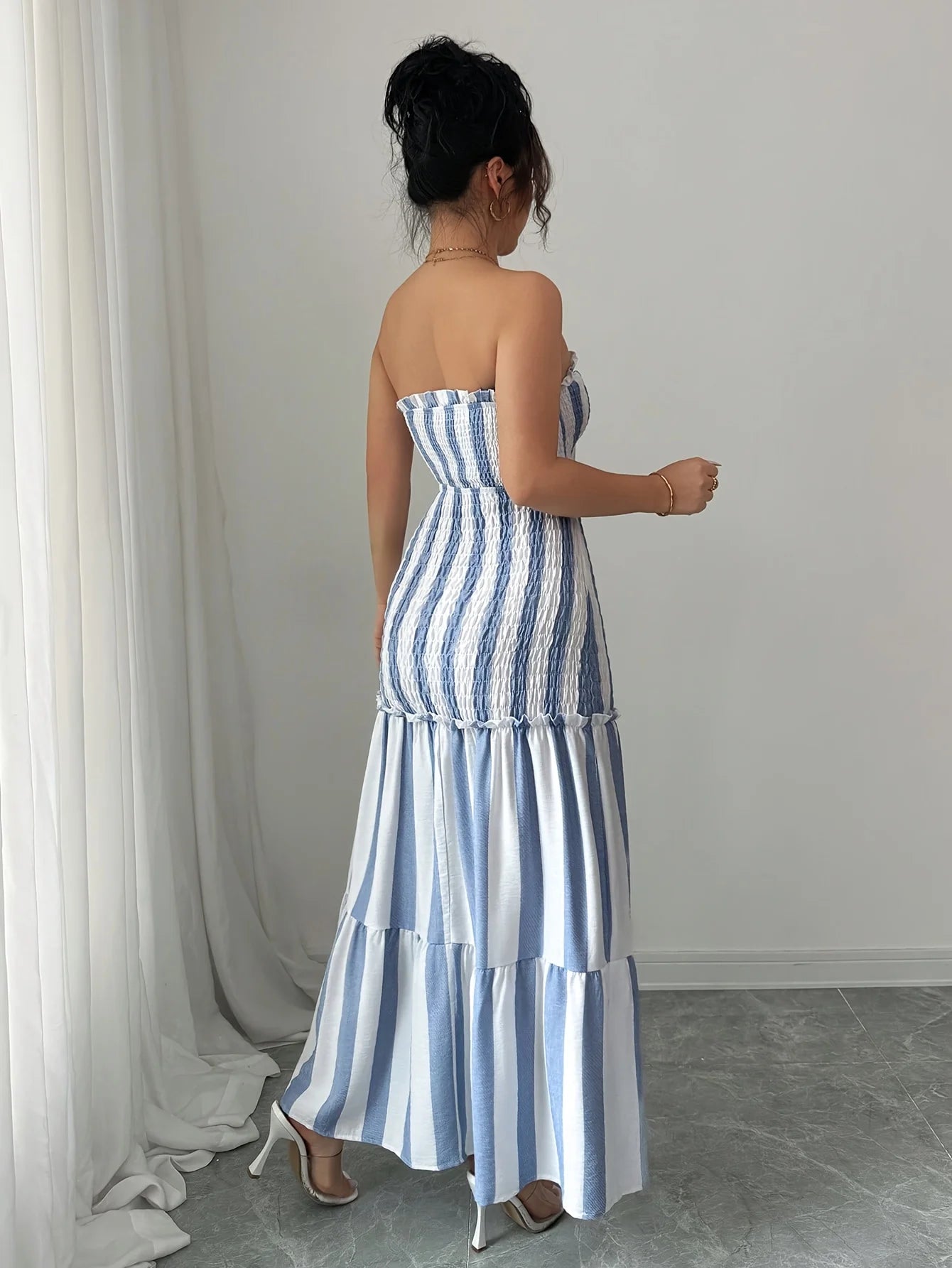 Fashionable Striped Off-Shoulder Dress Women'S Front-Braided Gathered Skirt Elegant Gown for Ladies