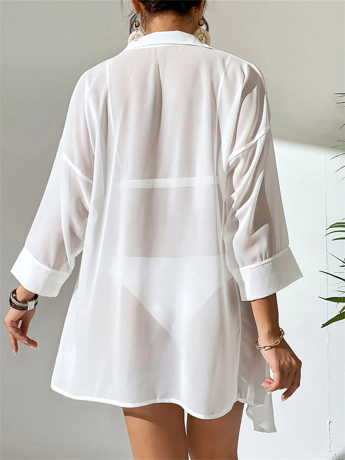New Summer White Shirt Long Sleeve Top Blouse Tunic Beach Cover up Cover-Ups Beach Dress Beach Wear Beachwear Female Women K4777