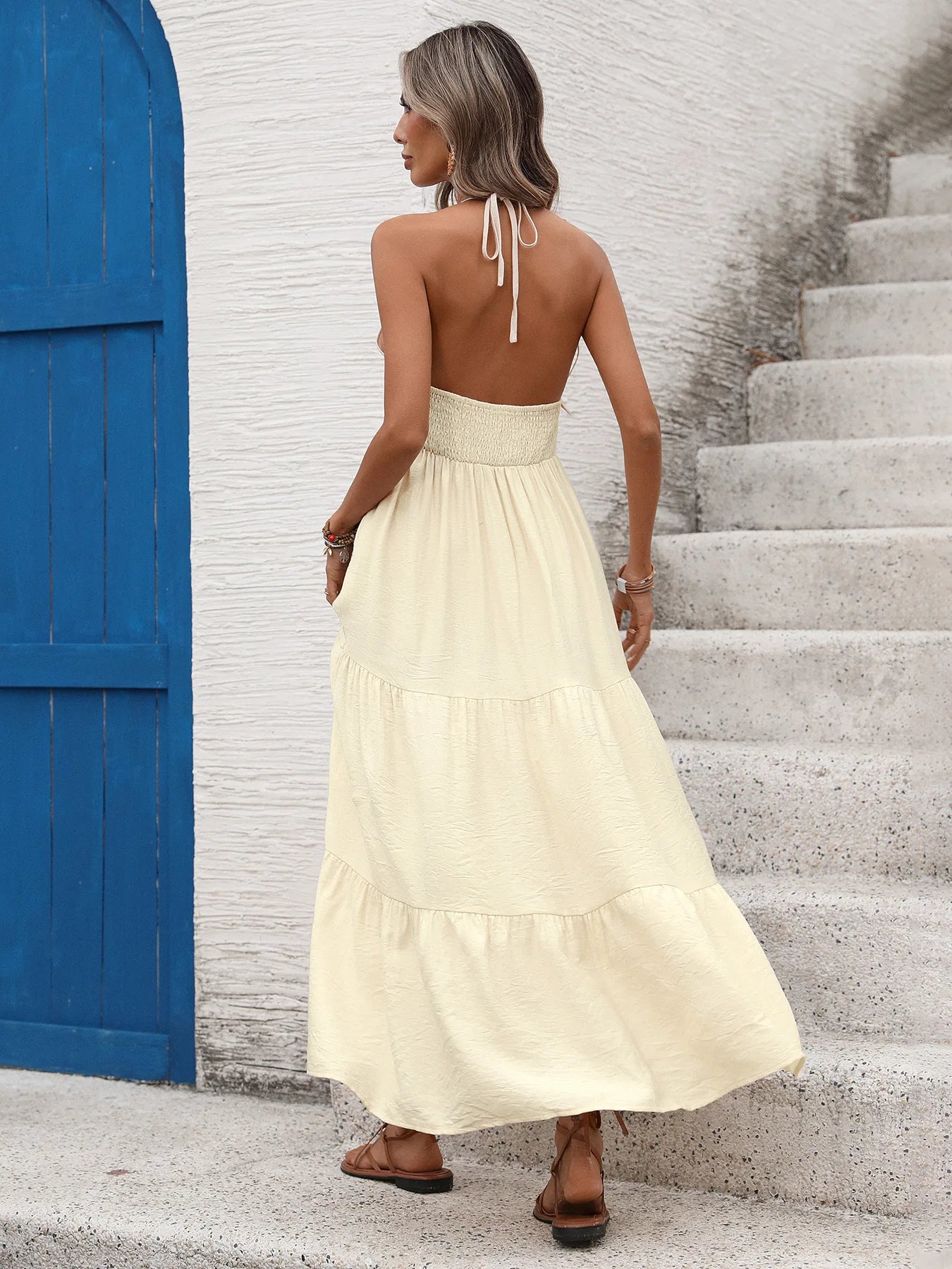 Women'S Solid Color Halter V Neck Maxi Dress Beaded Layered Backless Sleeveless Summer Beach Boho Long Casual Resort Sundresses