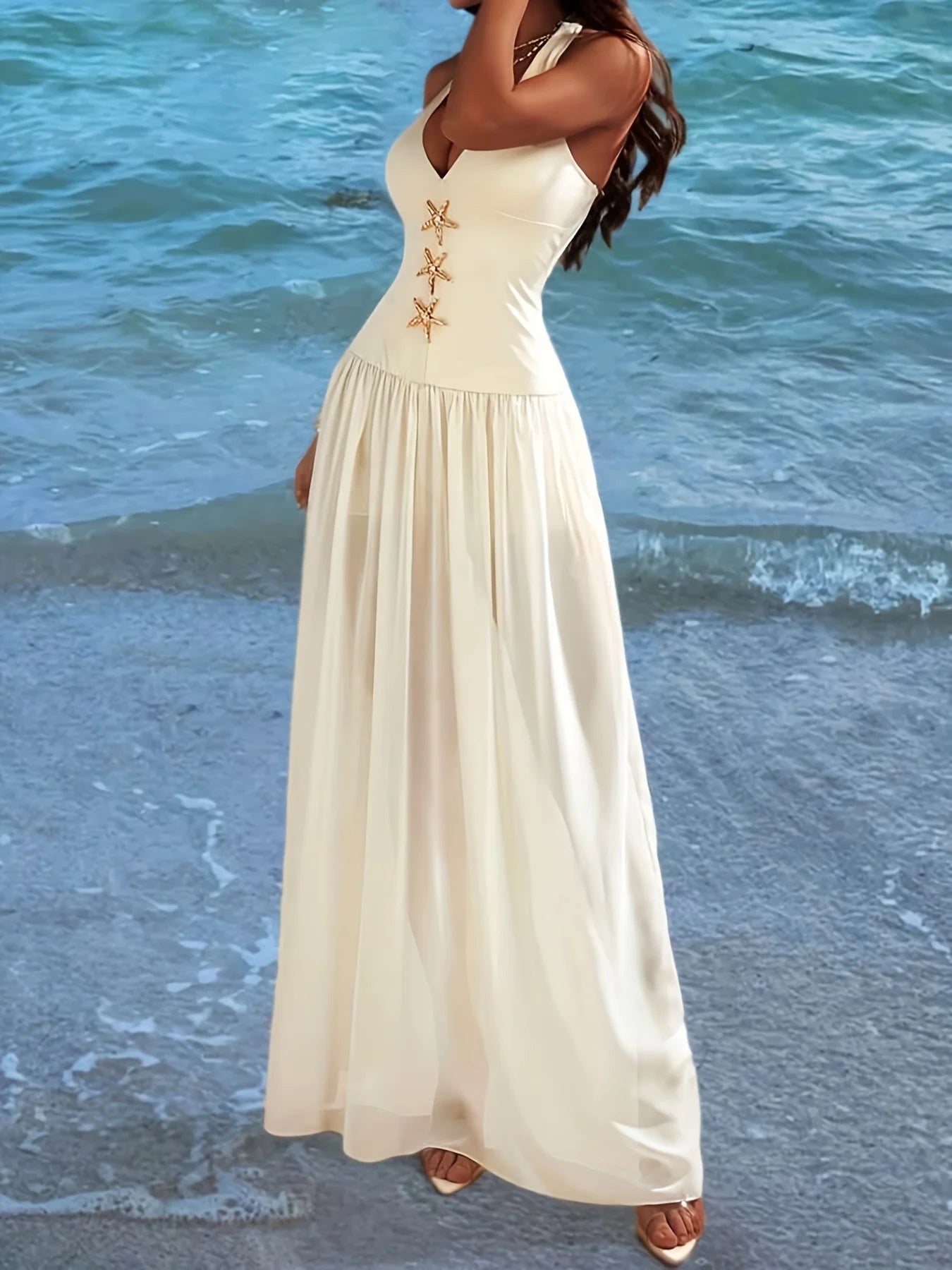 Ladies Summer Beach Vacation Dip-Neck Sleeveless Dress with Star Pattern Commute/Elegant/Sexy Casual Women'S Fashion Dress