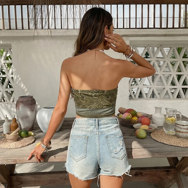 2026 Summer New Design, Retro Ethnic Style Reverse Triangle Tank Top, Sexy Backless Sleeveless Women'S Top