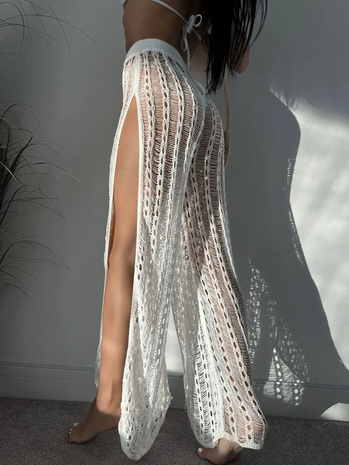 Sexy Perspective Mesh Hollow Out High Split Knitted Trousers Vacation Outfits Beach Wear Pants for Women Solid Color
