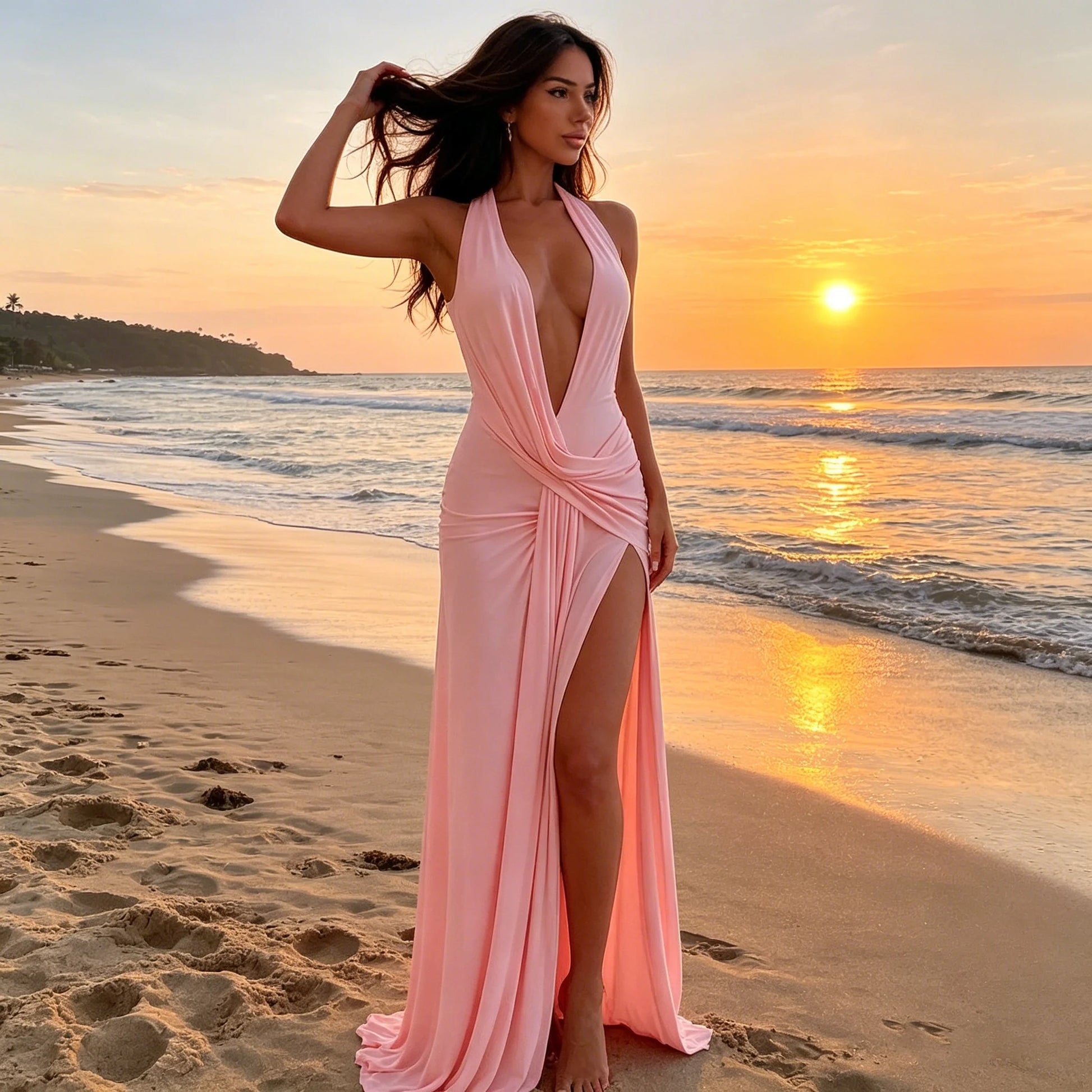 Summer New Fashionable and Sexy V-Neck Backless Solid Color Side Slit Irregular Design, Hanging Feeling Dress